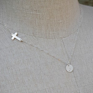 Sideways Cross Initial Necklace, Sterling Silver, Monogram Necklace, Initial Jewelry, Bridesmaids Jewelry, Cross Jewelry, Mother Necklace
