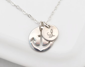 Personalized Silver Anchor Necklace, Monogrammed Initial Charm Anchor Necklace, Bridesmaid Jewelry, Nautical Theme, Navy Sailors Anchor