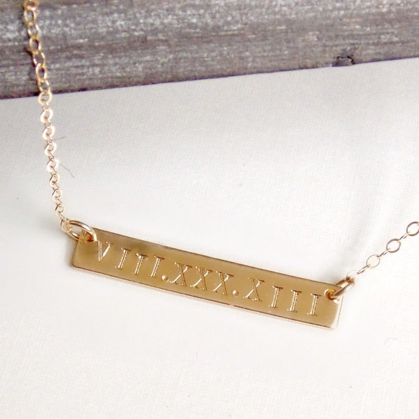 Römische Zahlen Halskette, Datum Bar Halskette, Personalisierte Gold Halskette, Hochzeitsgeschenk, Weihnachtsgeschenk, Geburtsdaten Halskette, Brautjungfern Geschenk