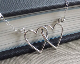 Interlocking Silver Heart Necklace, Mothers Necklace, Two Hearts Necklace, Couples Necklace, Heart Jewelry, Double Heart Necklace, Wife Gift