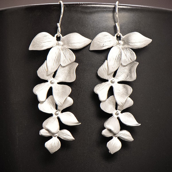 Orchid Earrings SILVER, Orchid Silver Long Earrings, Bridal Earrings, Wedding Bridaly Jewelry, Bridesmaid Jewelry, Dangle Earring