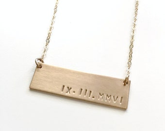 Custom Gold Bar Name Necklace, Roman Numeral , Date Bar Necklace, Wide Nameplate Bar Necklace, Couples Necklace, Initial Personalize Jewelry