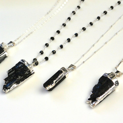 Rough Black Tourmaline Sterling Silver Cable Chain Necklace 16+2 Great for Layering Rough Black Tourmaline Sterling Silver Cable Chain Necklace 16+2 Great for Layering