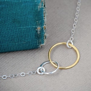 Mother Daughter Circle Necklace, SILVER and GOLD Mixed Metals Necklace, Interlocking Ring Necklace, Bridesmaid Jewelry, Tiny Circle Necklace image 1