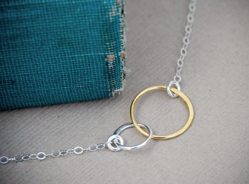 Mother Daughter Circle Necklace, SILVER and GOLD Mixed Metals Necklace, Interlocking Ring Necklace, Bridesmaid Jewelry, Tiny Circle Necklace image 1