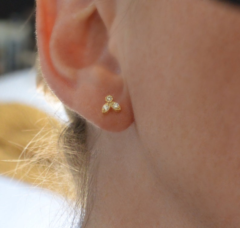 Tiny Gold Stud Earrings, 3 Stone CZ Earrings, Triple Studs, Crystal Studs, Dainty Earrings, Minimalist Studs, Trinity Studs, Gift For Her image 5