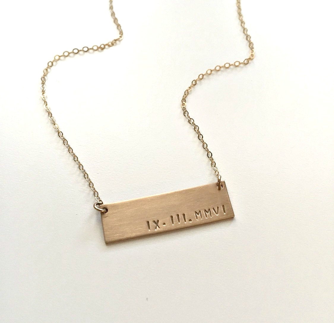 Custom Gold Bar Name Necklace Roman Numeral Date Bar | Etsy