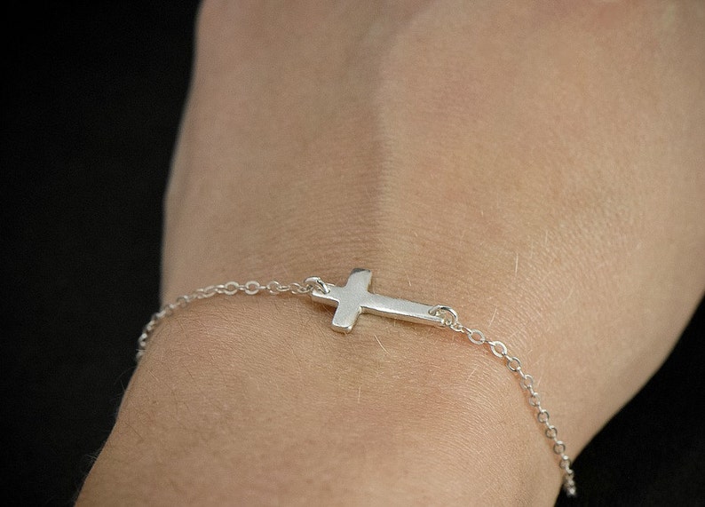 Sideways Cross Bracelet, Tiny and Dainty Solid Sterling Silver Small Cross Religious Bracelet, Side Cross Bracelet Silver image 5