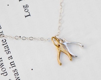 Tiny Wishbone Necklace, Mixed Metal Wishbones in Solid Sterling Silver and Gold Vermeil, Wishbone Jewelry, Everyday Layering Necklace