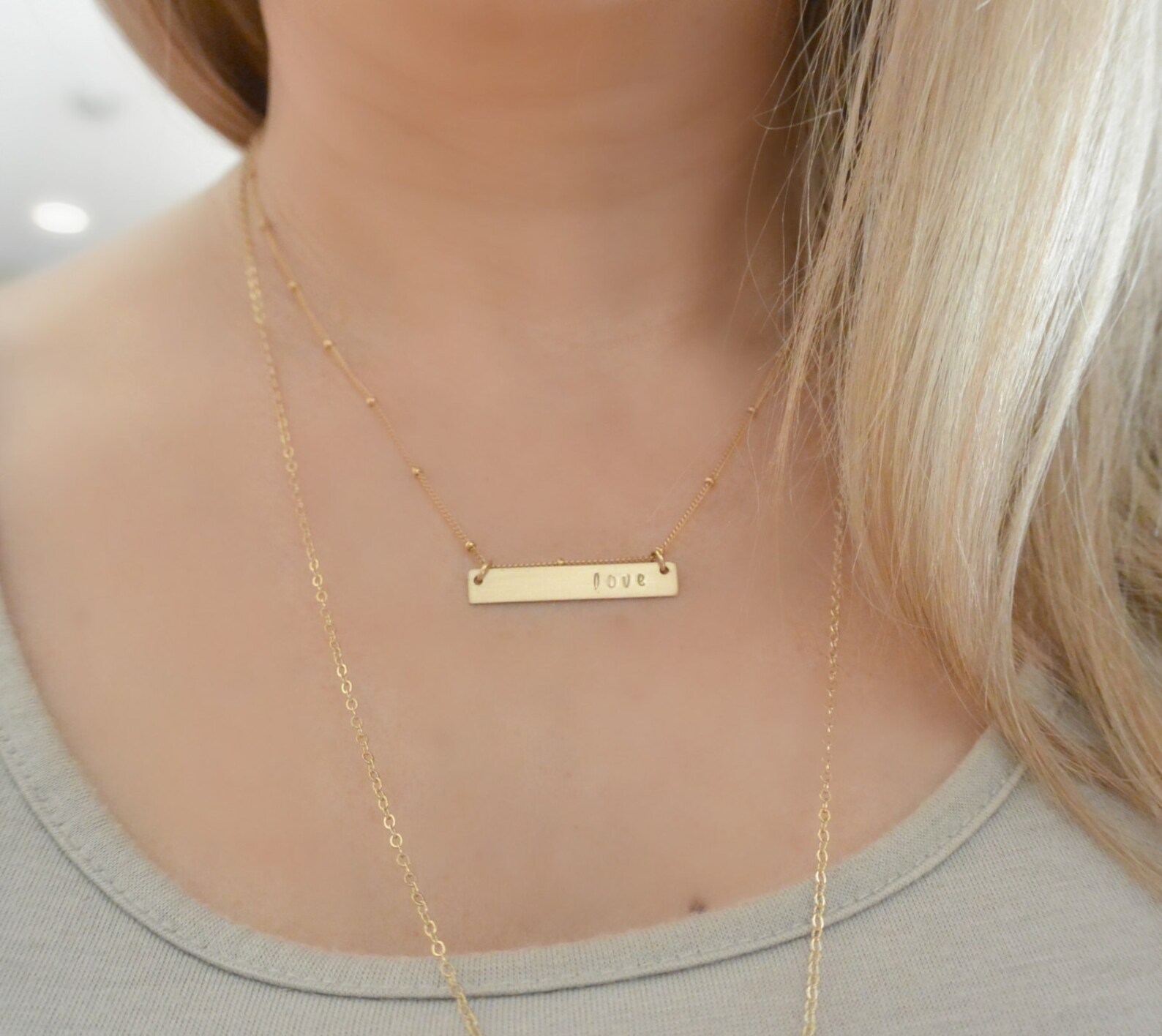 Gold Name Bar Necklace, Dainty Beaded Chain, Personalized Bar Necklace