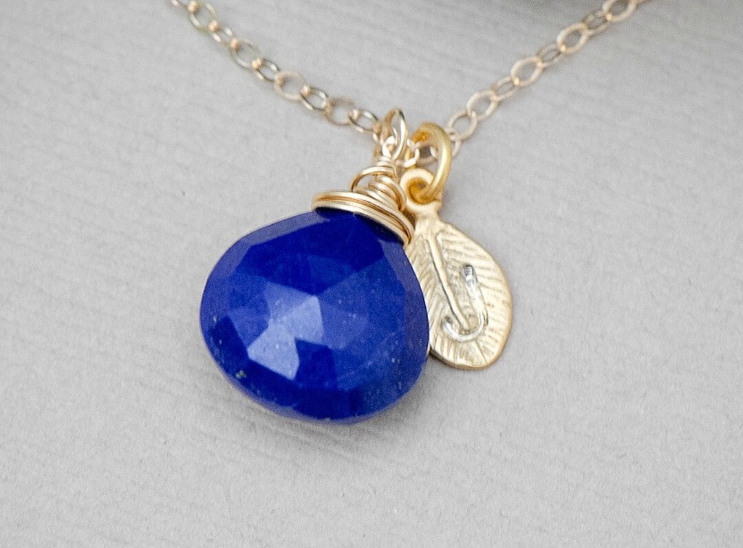 Initial Charm Necklace Birthstone Necklace Lapis Lazuli 14K - Etsy