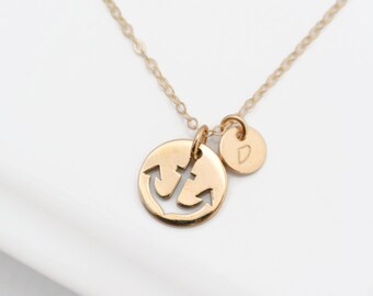 Personalized GOLD Anchor Necklace, Monogrammed Initial Charm Anchor Necklace, Bridesmaid Jewelry, Nautical Theme, Navy Sailors Anchor