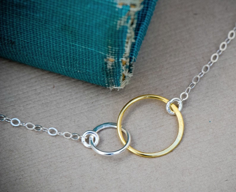 Mother Daughter Circle Necklace, SILVER and GOLD Mixed Metals Necklace, Interlocking Ring Necklace, Bridesmaid Jewelry, Tiny Circle Necklace image 4