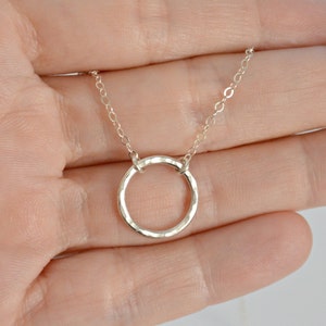 Silver Circle Necklace, Dainty Layering Necklace, Sterling Silver Hammered Ring Necklace, Everyday Jewelry, Delicate Circle Outline image 3