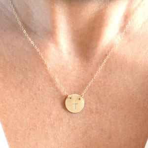 Gold Cross Disc Necklace, Religious Necklace, Cross Necklace, Dainty Disc Necklace, Layered Necklace, 14k Gold, Silver, Custom Design Disc image 2