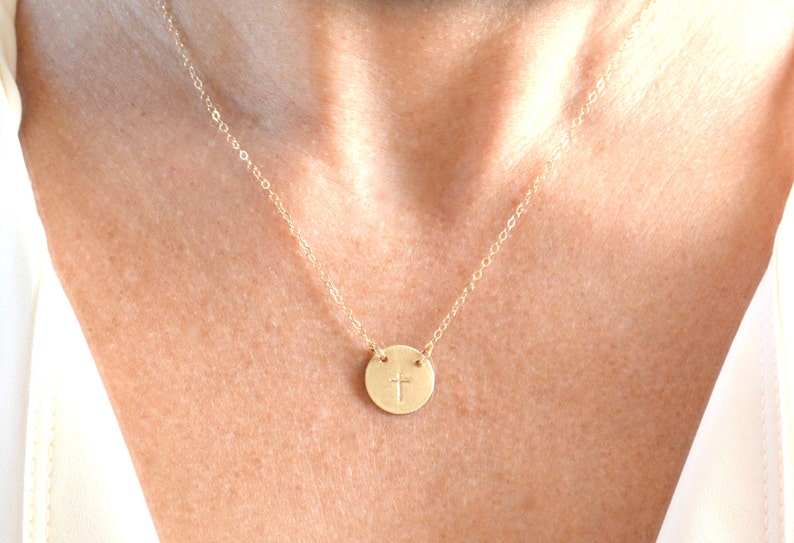 Gold Cross Disc Necklace, Religious Necklace, Cross Necklace, Dainty Disc Necklace, Layered Necklace, 14k Gold, Silver, Custom Design Disc image 2