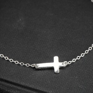 Sideways Cross Bracelet, Tiny and Dainty Solid Sterling Silver Small Cross Religious Bracelet, Side Cross Bracelet Silver image 3