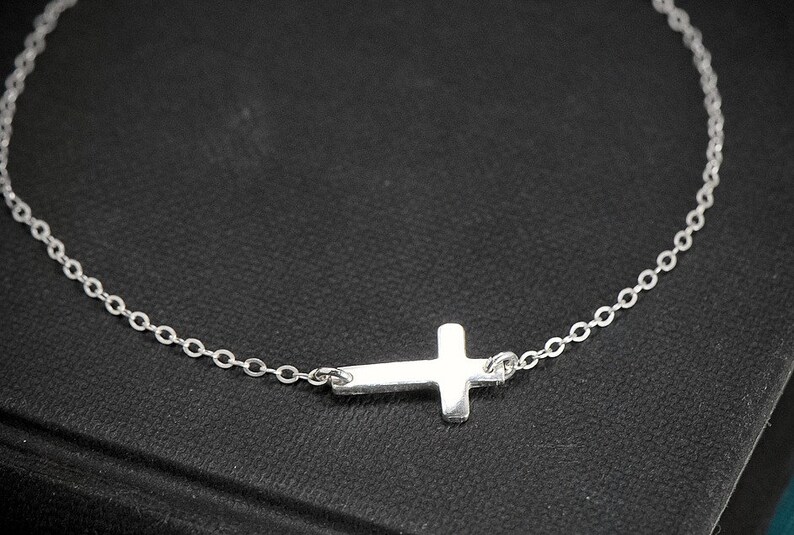 Sideways Cross Bracelet, Tiny and Dainty Solid Sterling Silver Small Cross Religious Bracelet, Side Cross Bracelet Silver image 3