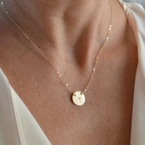 Gold Cross Disc Necklace, Religious Necklace, Cross Necklace, Dainty Disc Necklace, Layered Necklace, 14k Gold, Silver, Custom Design Disc image 1