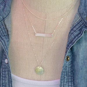 Layered Set of 3 Necklaces, Gift For Her, Birthday, Silver Personalized Bar Layering Necklace Set, Nameplate Jewelry, Hammered Disc, Beaded