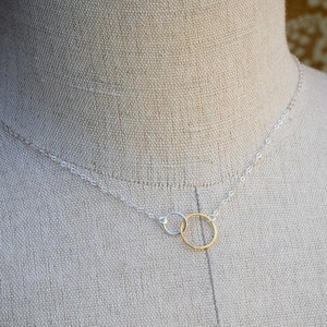 Mother Daughter Circle Necklace, SILVER and GOLD Mixed Metals Necklace, Interlocking Ring Necklace, Bridesmaid Jewelry, Tiny Circle Necklace image 2