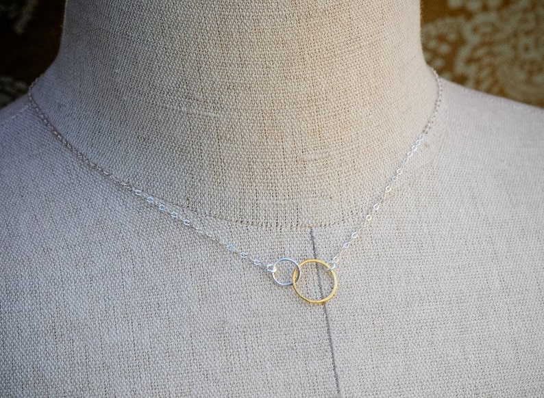 Mother Daughter Circle Necklace, SILVER and GOLD Mixed Metals Necklace, Interlocking Ring Necklace, Bridesmaid Jewelry, Tiny Circle Necklace image 2