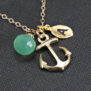 Gold Anchor Necklace, Gemstone Personalized Anchor Necklace, Nautical Theme Gift, Summer Wedding, Wedding Jewelry, Bridesmaid Jewelry