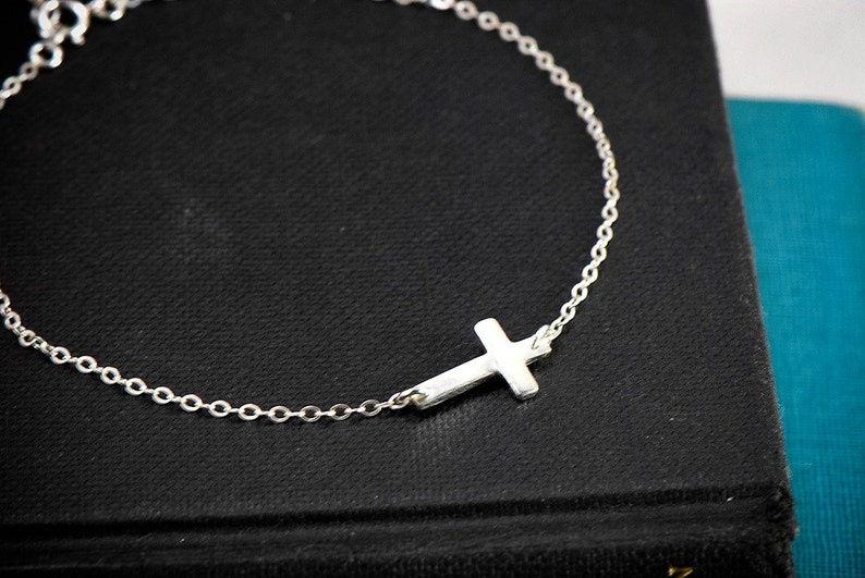 Sideways Cross Bracelet, Tiny and Dainty Solid Sterling Silver Small Cross Religious Bracelet, Side Cross Bracelet Silver image 2