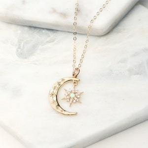 Gold Opal Moon Necklace Crescent Moon Necklace Opal Star - Etsy