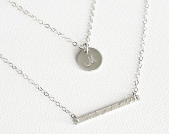 Silver Double Strand Initial Necklace / Personalized Necklace / Initial Disc and Bar Necklace / Mothers Necklace / Layered Necklace Set