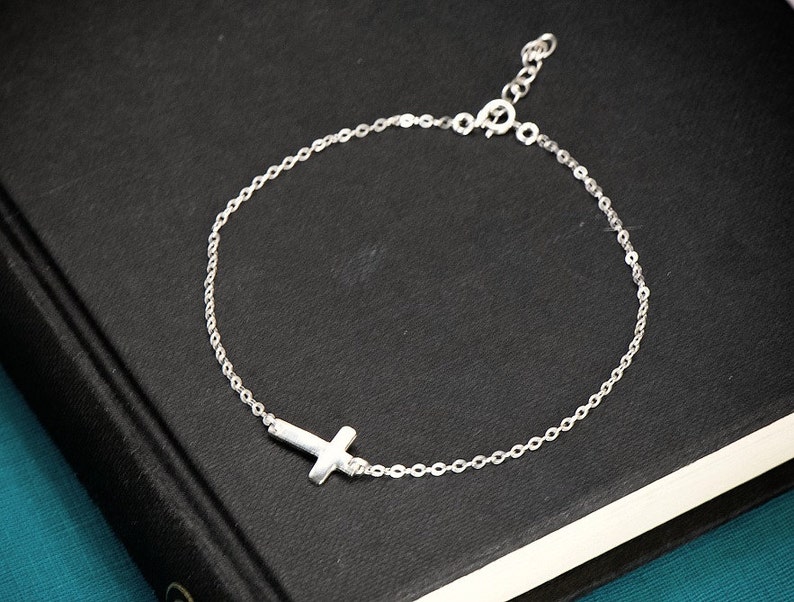 Sideways Cross Bracelet, Tiny and Dainty Solid Sterling Silver Small Cross Religious Bracelet, Side Cross Bracelet Silver image 4