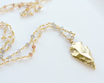 Beaded Arrowhead Necklace, Gemstone Gold Necklace, Boho Layering Necklace, Gold Arrowhead Necklace, Beaded Rosary Chain, Arrowhead Jewelry