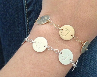 Initial Charm Bracelet, Gold or Silver Bracelet, Custom 1 2 3 4 5 6 Engraved Discs, Personalized Disc Bracelet, Grandmother Mom Bracelet