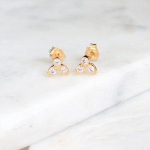 Tiny Gold Stud Earrings, 3 Stone CZ Earrings, Triple Studs, Crystal Studs, Dainty Earrings, Minimalist Studs, Trinity Studs, Gift For Her image 1