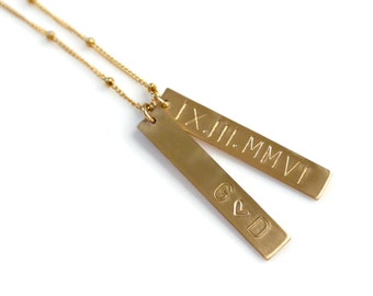 Roman Numeral Necklace, Personalized 1 2 3 4 Vertical Bar Necklace, Custom Gold Bar Name Necklace, Mothers Jewelry, Gold or Sterling Silver