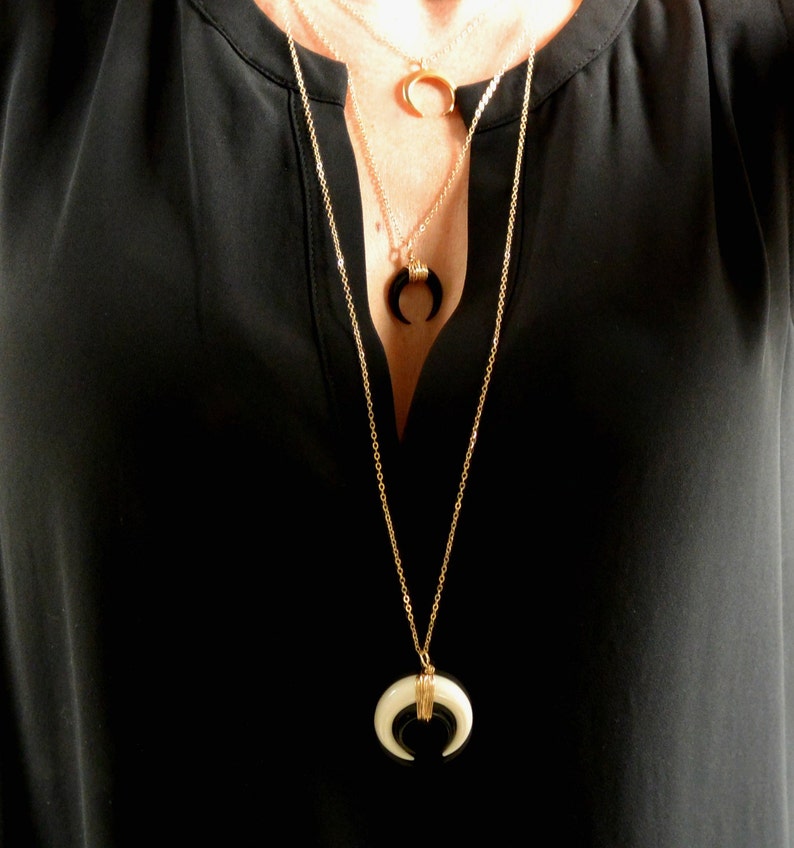 Double Horn Necklace, Moon Necklace, Black or White Bone Horn Necklace , Gold or Silver Crescent Necklace, Boho Necklace, Layering Necklace image 3