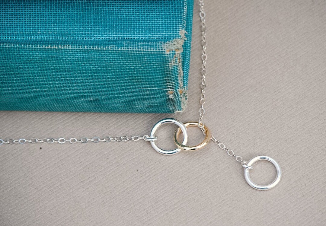 Circle Lariat Necklace, Mixed Metal Interlocking Rings Lariat 14k Gold Fill and Sterling Silver