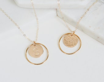 Large Initial Disc Necklace, Personalized Hammered Disc Necklace, Gold Halo Ring Necklace, Minimalist Jewelry, Letter Necklace, Wife Gift