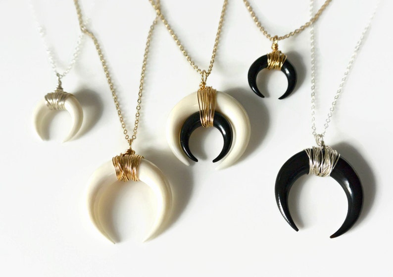 Double Horn Necklace, Moon Necklace, Black or White Bone Horn Necklace , Gold or Silver Crescent Necklace, Boho Necklace, Layering Necklace image 4