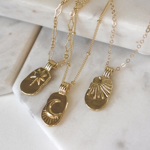 Sun Moon Stars Necklace, Medallion Pendant, Gold Necklaces for Women, Celestial Necklace, Moon Necklace, Sun Necklace, Layering Jewelry Gift