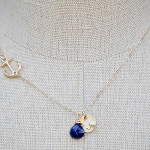 Personalized Sideways Anchor Necklace, GOLD Anchor Jewelry, Personalized Initial Disc Gemstone Navy Necklace, Nautical Jewelry