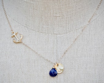 Personalized Sideways Anchor Necklace, GOLD Anchor Jewelry, Personalized Initial Disc Gemstone Navy Necklace, Nautical Jewelry