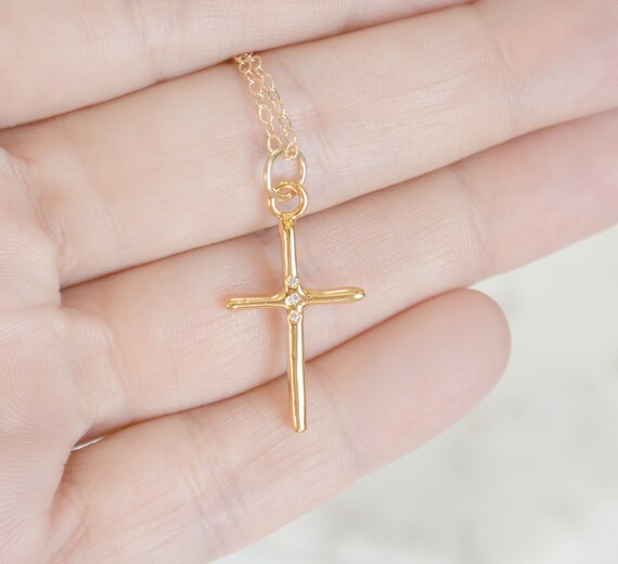 Gold Cross Necklace First Communion Baptism Gift Christian Gift Faith Jewelry Cubic Zirconia Cross Necklace Gold Easter Necklace