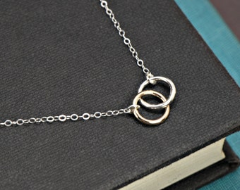 Two Circle Necklace, Interlocking Rings Necklace, Connected Circle Necklace, SILVER and GOLD Mixed Metals Necklace, Bridesmaid Gift Idea,