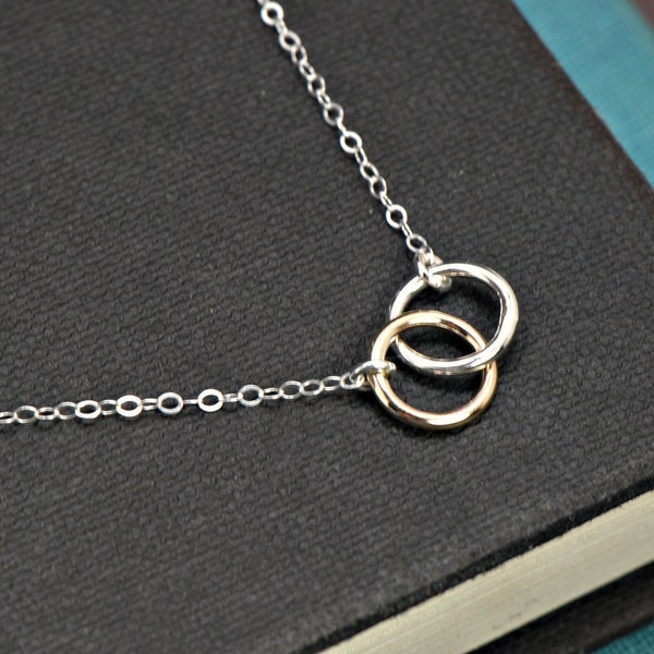 Two Circle Necklace, Interlocking Rings Necklace, Connected Circle Necklace, SILVER and GOLD Mixed Metals Necklace, Bridesmaid Gift Idea,