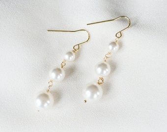 Pearl Drop Earrings, 3 Dangle Pearl Earrings, Bridal Jewelry, Bridesmaid Gift Idea, Gold Fill or Sterling Silver, Triple Pearl Earrings