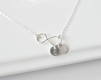 Personalized  Infinity Necklace, Sterling SILVER Infinity Necklace, 1 2 3 4 5 6 7 8 9  Initial Disc, Mother's Necklace,  Bridesmaid Jewelry