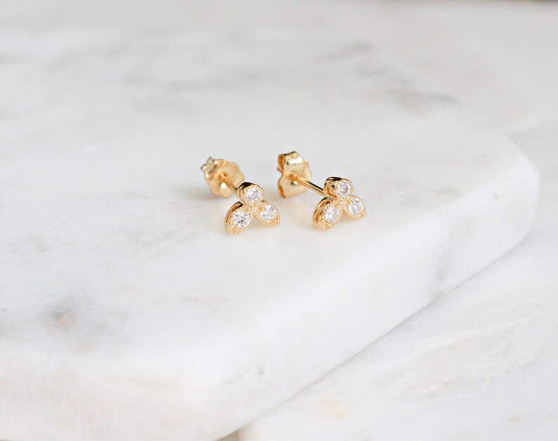 Tiny Gold Stud Earrings, 3 Stone CZ Earrings, Triple Studs, Crystal Studs, Dainty Earrings, Minimalist Studs, Trinity Studs, Gift For Her image 4