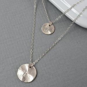 Layered Long Disc Necklace SILVER, Personalized Two Initials Layered Necklace, Personalized Jewelry, Gifts for Her, Family