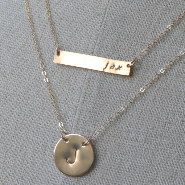 Personalized Gold Bar Necklace Initial Disc Necklace, Nameplate Necklace, Initial Personalized Jewelry, Gold Filled Layering Necklace Set